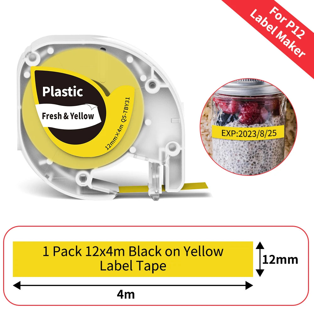 P12 Label Tape Compatible with Dymo LetraTag 200B Refills LT-100H Label Replacement for Phomemo P12 PRO Label Maker 12mm x 4m