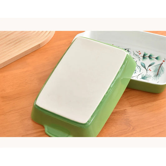 Texture Green Au Gratin Dishes Plants Print Double Ear Rectangle Ceramic Plates 1600ML Cake Bread Baking Tray Durable Tablewares