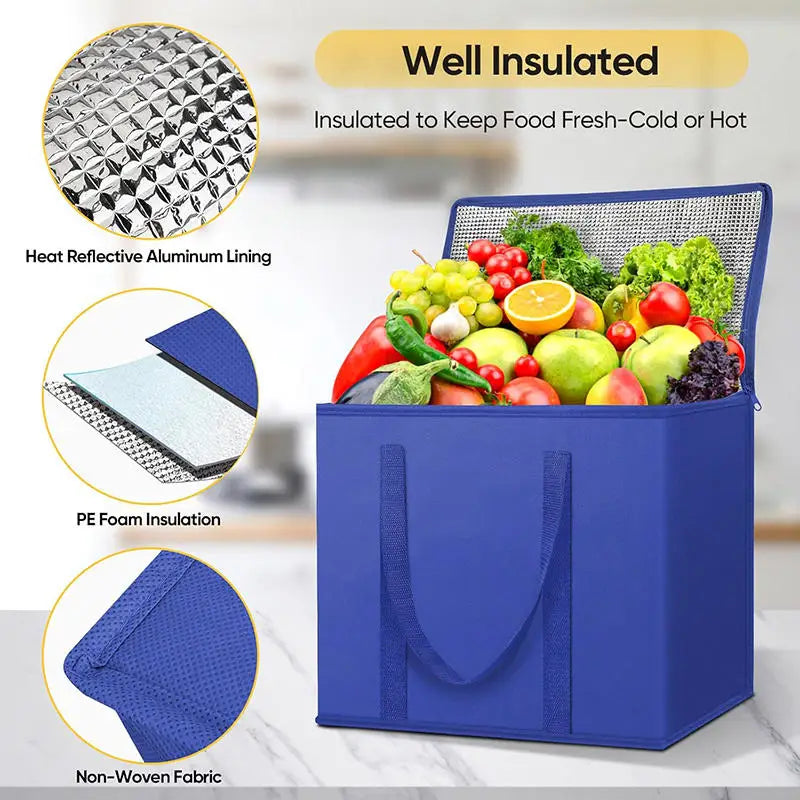 Large Capacity Insulated Grocery Bags Foldable Reusable Soft Cooler Bag Lightweight Hot Cold Takeout Food Delivery Bag NEW
