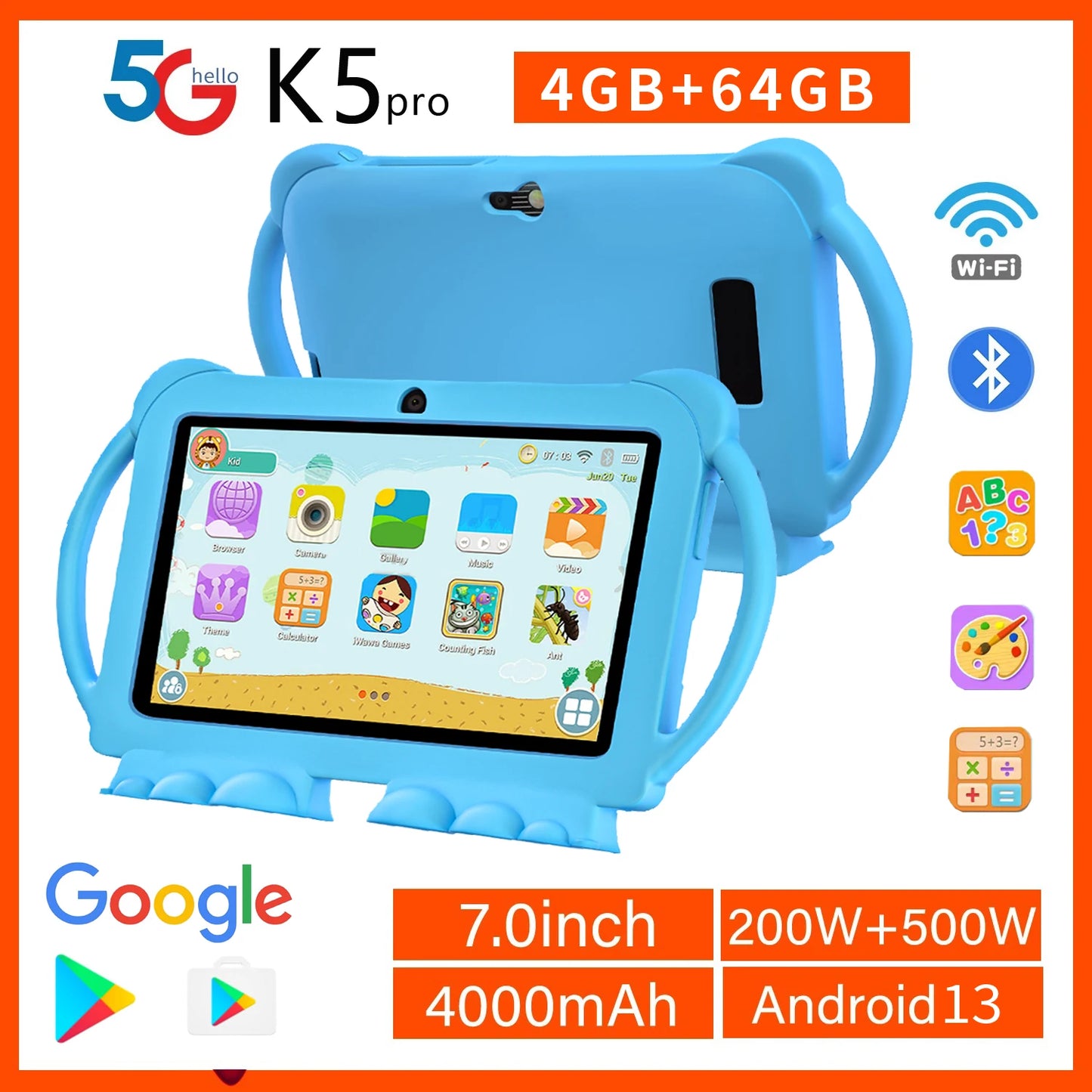BDF K5 Pro 7-inch Kids Tablet Cartoon Kids-Proof Case 5G WiFi Google Learning Education Tablet PC 4GB RAM 64GB ROM 4000mAh