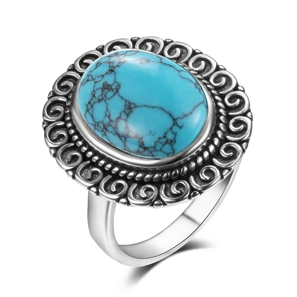 S925 Silver Oval Natural Turquoise Rings for Men Women Silver Fine Jewelry