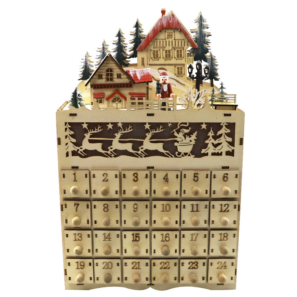 Wooden LED Village House Advent Calendar – Lighted Countdown with Drawers