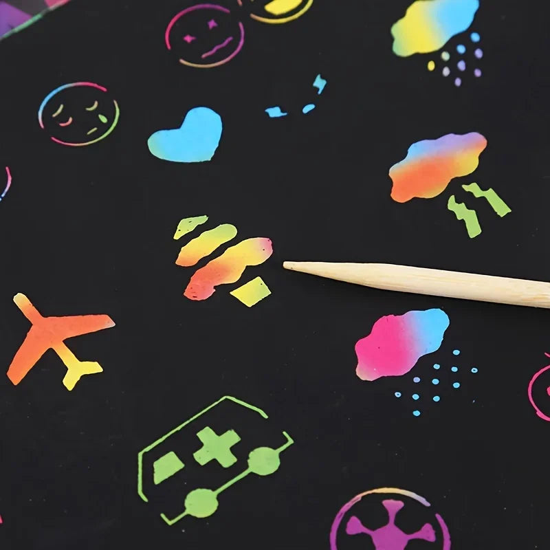 50 pcs Scratch Paper Kids Rainbow Magic Scratch Off Paper Sheets Art Craft Kit Black Note Paper Drawing Pads with Stencils