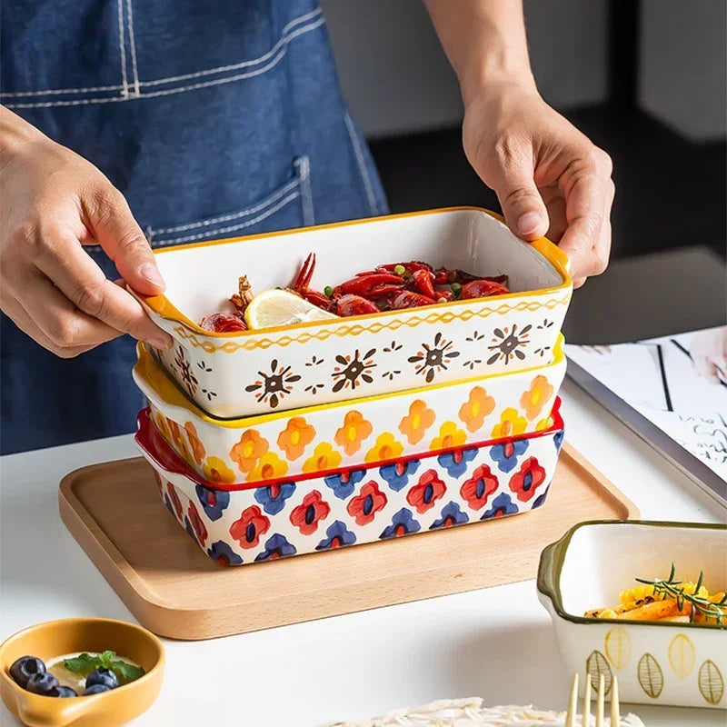 Rectangular Oval Bakeware Pan With Handle Ceramic Baking Dish Roasting Lasagna Pan Kitchen Salad Cheese Baked Pan Flowers