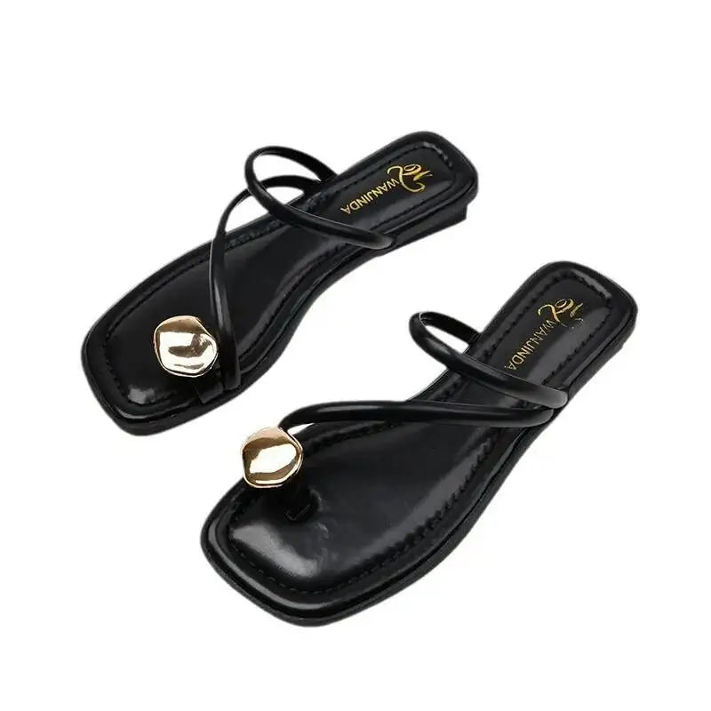 2026 New Summer Women Sandals Black Flat Slippers Gold Metal Button Decor Open Toe Slide Shoes Elegant Outdoor Beach Flip Flops