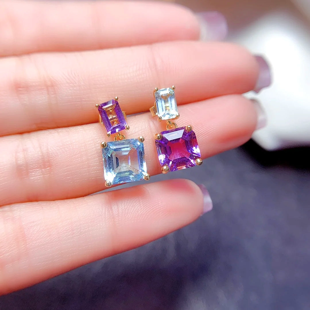 FS S925 Sterling Silver Natural Amethyst Topaz Asymmetric Earrings for Women Fine Charm Wedding Jewelry With Certificate MeiBaPJ