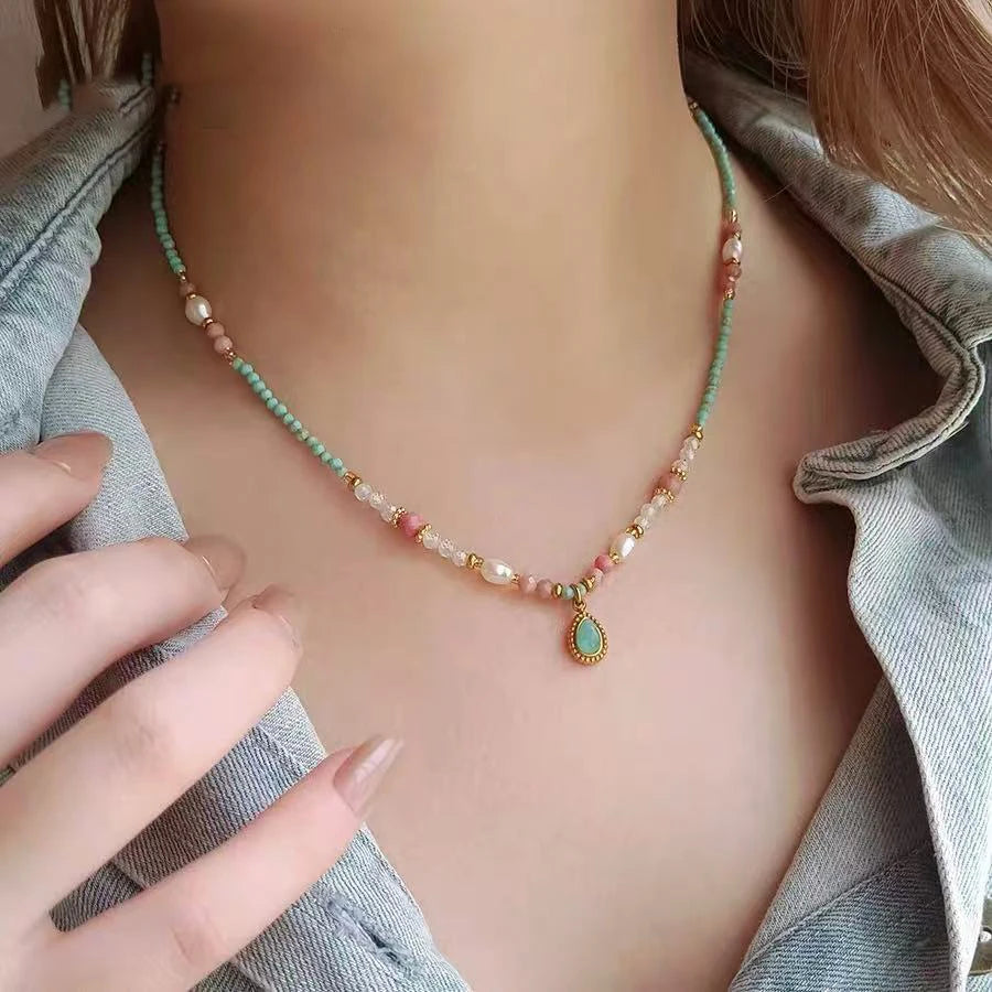 Natural Stone Pearl Bead Chain Water Droplet Pendant Necklace 2025 Fashion Jewelry For Women's Sexy Collarbone Chain Accessories