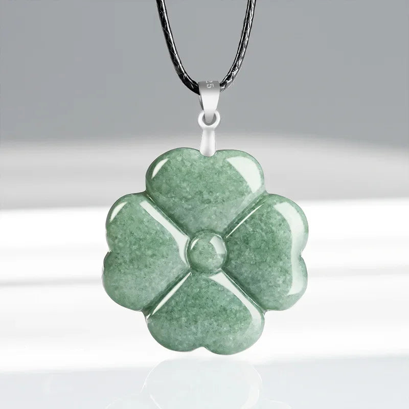 S925 Silver Burmese Jade Lucky Clover Pendant Natural Necklace Designer Jadeite Green Stone Real Fashion Jewelry Vintage