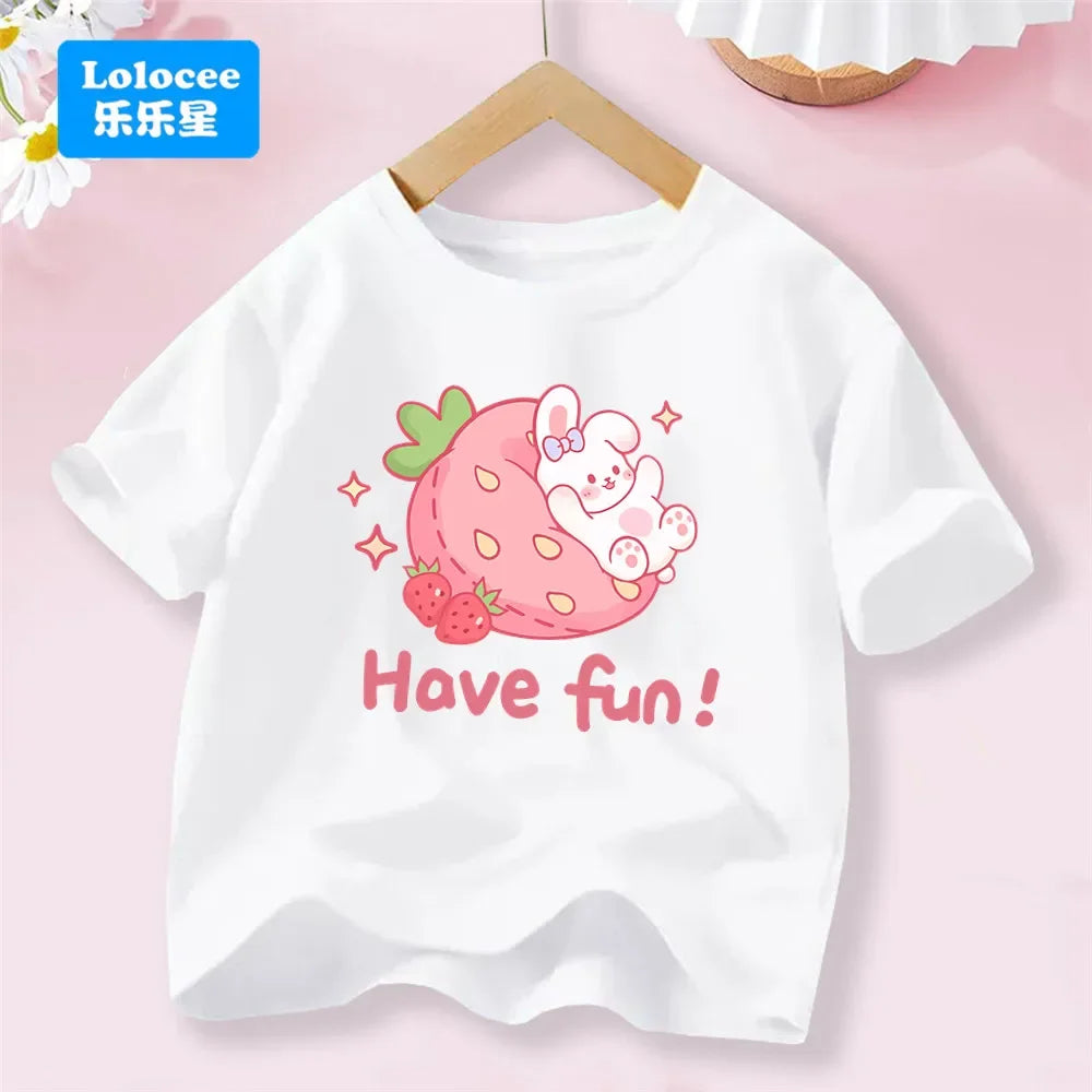 3-14T Kid Clothes Summer Cotton T Shirt Short Sleeve Top Beauty Tulip Flower and Rabbit Print Tee Childrens Candy Color Tshirt