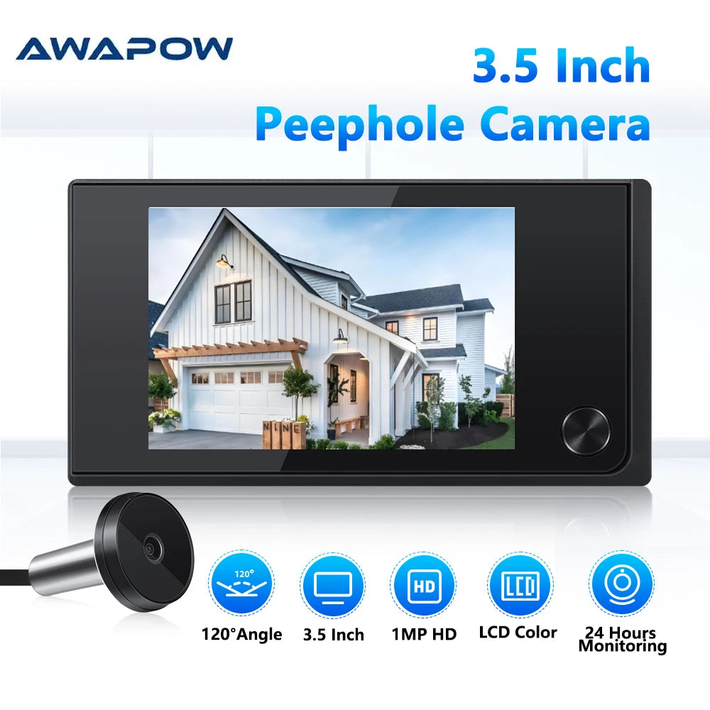 Awapow Wireless Door Peephole Camera 3.5 Inch Digital Door Viewer Doorbell 120° LCD Screen Monitor Home Security No Need WiFi