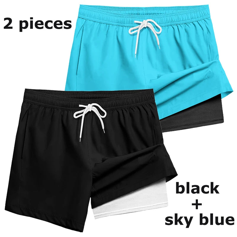 Mens Swim Trunks with Compression Liner Phone Pocket Summer Quick Dry Board Shorts Beach Shorts Swimwear Swimsuit Bathing Suits