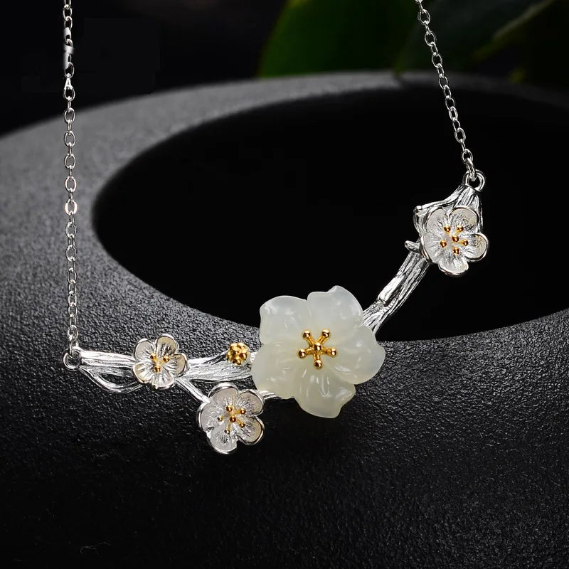 Natural Hotan Jade plum blossom jewelry sets Elegant and luxurious ring earrings for women S925 silver wedding accessories