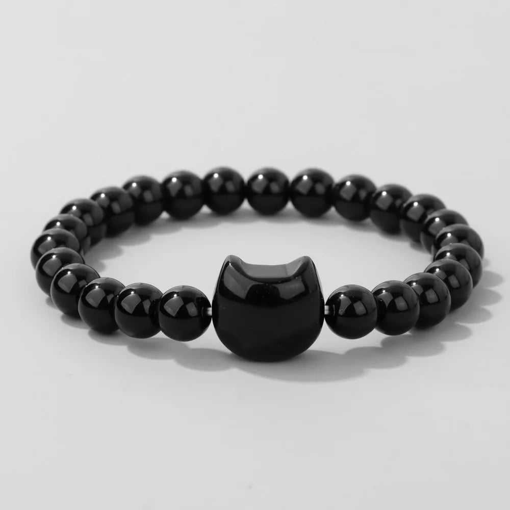 Natural Cat Head Carved Stone Bracelet Tiger Eye Amethyst Agate 8mm Round Gem Bead Elastic Bracelets For Women Men Jewelry Gift