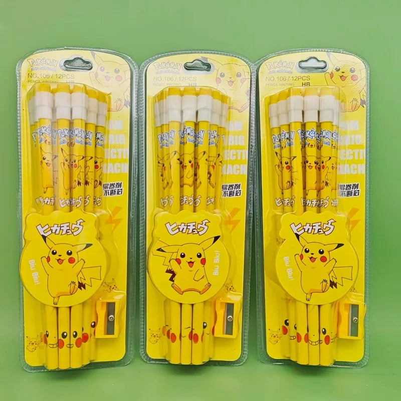 Pokemon Themed Stationery Set 12Pcs Boxed Pencils with Eraser Pencil Sharpener Anime School Office Tools Children Kawaii Gifts
