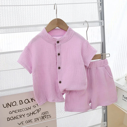 1Set Summer Boys Girls Clothing Sets Solid Pure Cotton T-shirts+Elasctic Shorts Kids Clothes Children Casual Clothing Sets