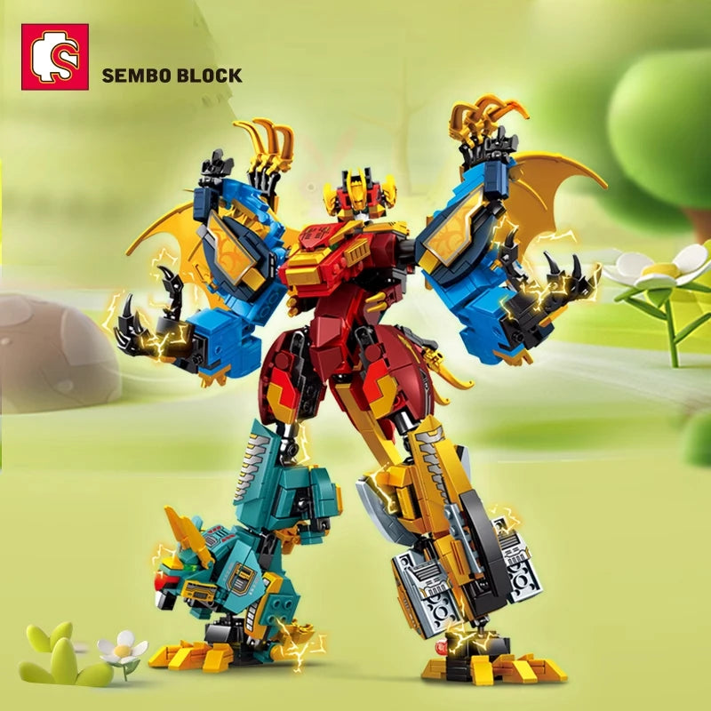 SEMBO 4in1 Transformable Robot Dinosaur World Mechanical Accumulation Model Wooden Kit Assembly Boys' and Children's Toy Gifts