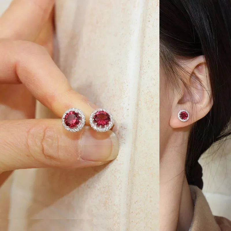 Natural Ruby Earrings for Women Wedding S925 Sterling Silver Fine Jewelry Round Green/red Diamond Luxury Brincos Women Earring