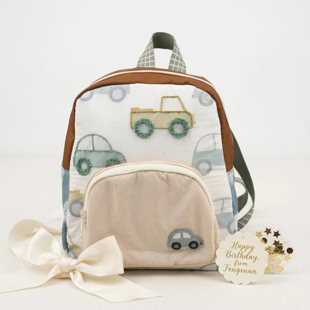 New Car Embroidery Children S Backpack Lightweight Durable Cotton Material Cute Boys and Girls Kindergarten Preschool Schoolbag