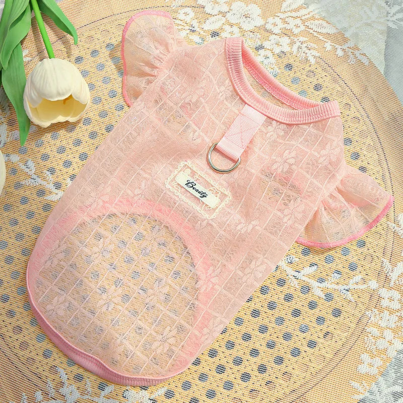 Thin Cooling Dog Vest Heart Flying Sleeves Dog Summer Clothes with D-Ring Chihuahua Bichon Girl Shirt Cat Vests Dog Mesh T Shirt