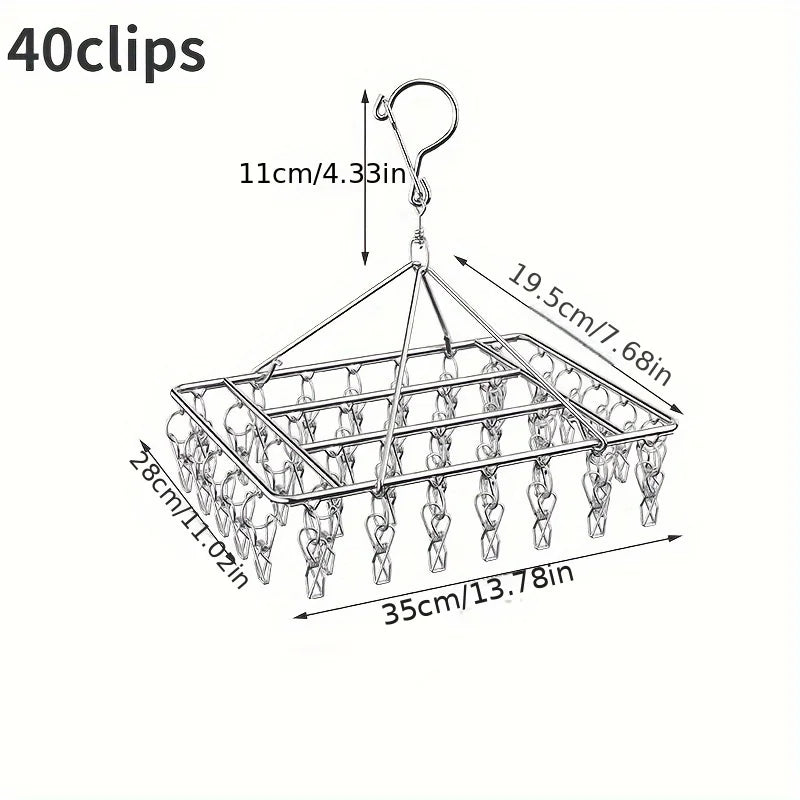 Stainless Steel Laundry Hanger Clothes Rack with 40 Anti-Wind Rotary Utility Hooks Windproof Drying Stand for Indoor/Outdoor Use