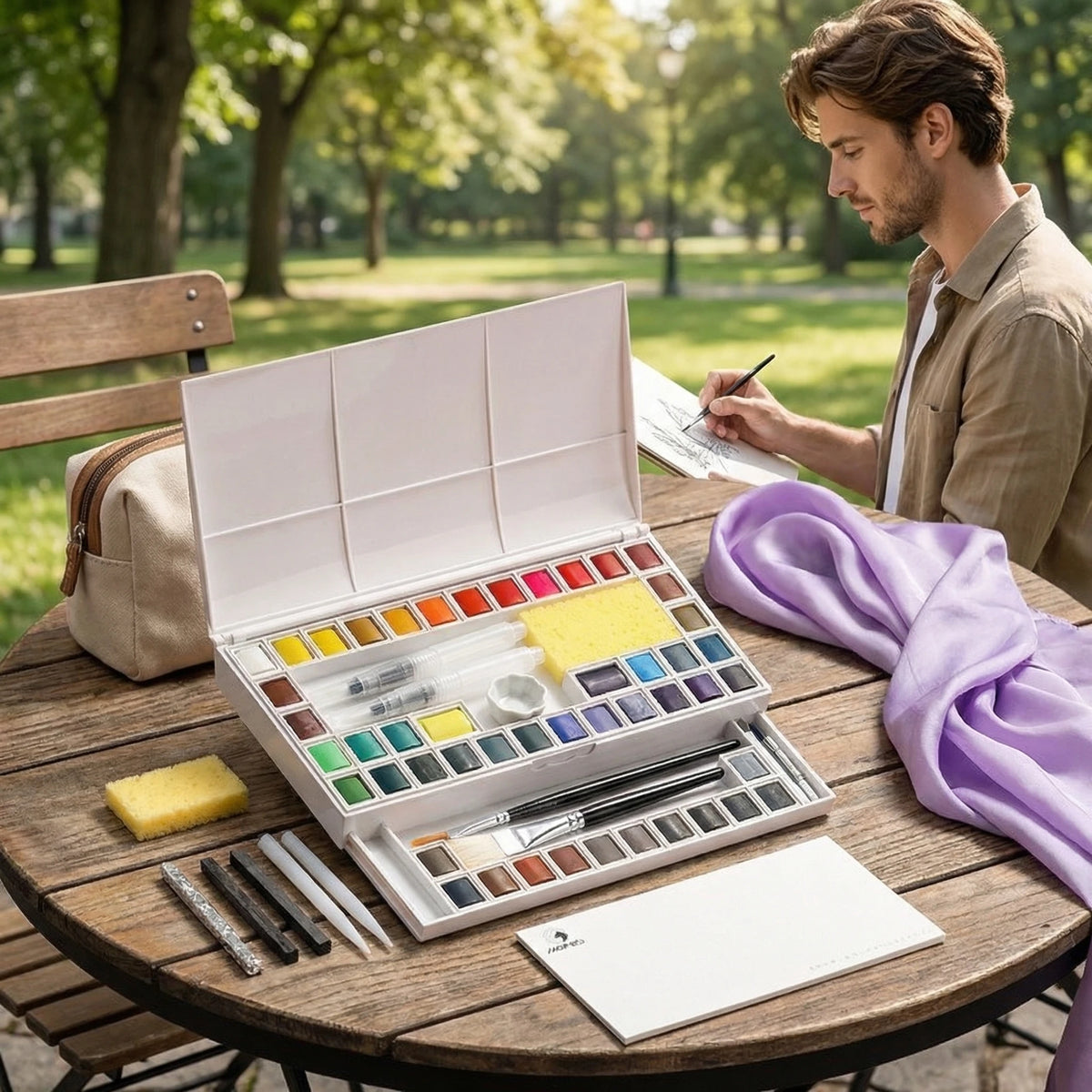 Marie's 24/48Colors Solid Watercolor Set Artist Series Portable Aquarelle Palette with Drawing Tools Travel-Friendly Art Kit