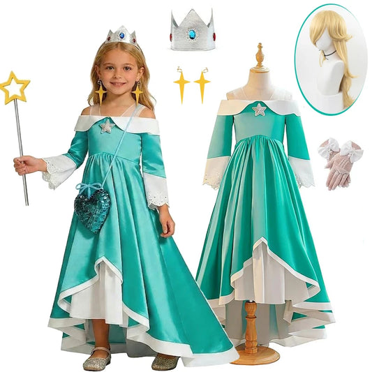 Game Movie Princess Rosalina Cosplay Wig Crown Wand Prop Green Dress Princess 110-150cm Halloween Party Carnival Outfits