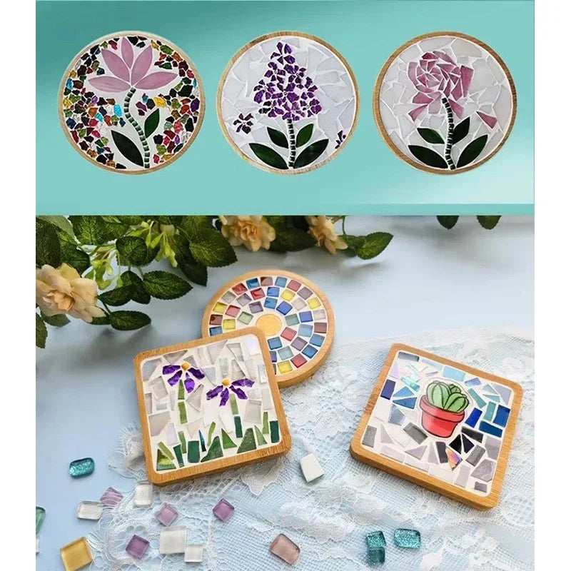 Handmade DIY Mosaic Cup Mat Bottom Bamboo Pad Heart Square Coaster Parent-Child Early Education Free Creation Handicraft Toys