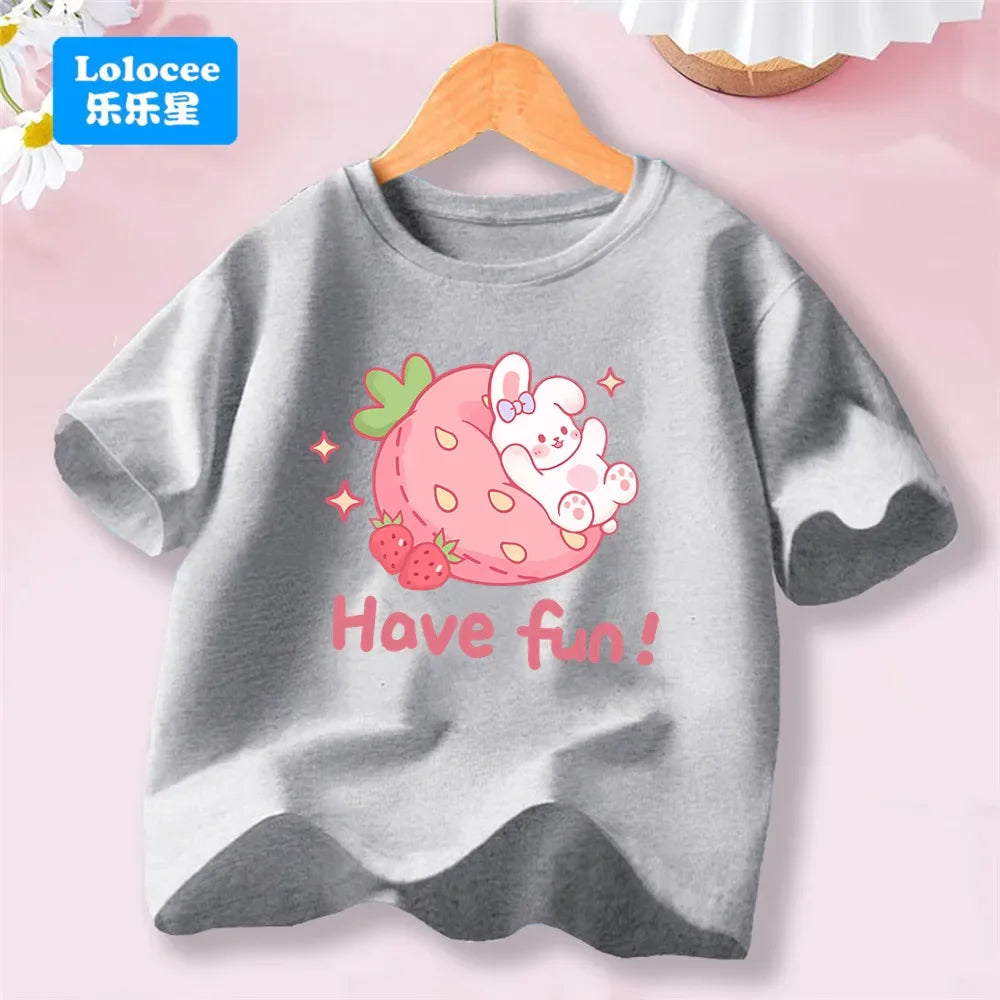 3-14T Kid Clothes Summer Cotton T Shirt Short Sleeve Top Beauty Tulip Flower and Rabbit Print Tee Childrens Candy Color Tshirt