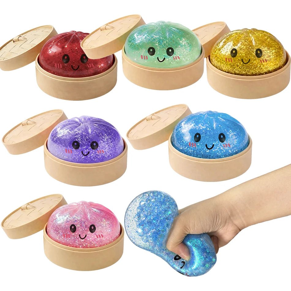 Realistic Giant Dumpling Squeeze Toy with Bamboo Steamer Soft TPR Dough Ball Decompression Fidget Toy Creative Funny Gift