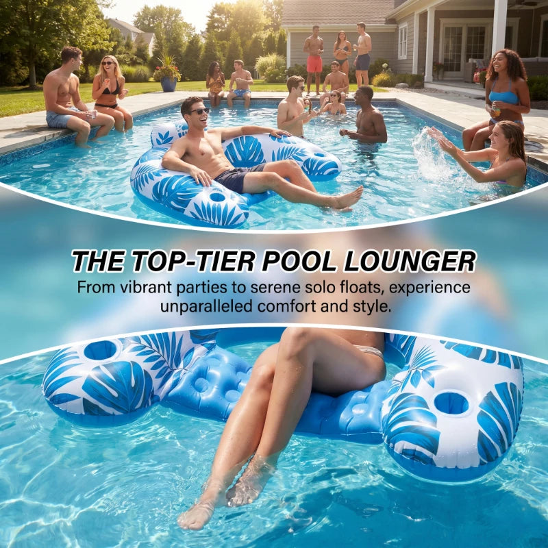 Inflatable Tropical Leaves Pool Lounger with Headrest Cup Holders Floating Raft Chair for Summer Water Fun Party