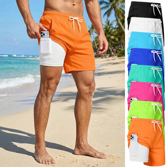 Mens Swim Trunks with Compression Liner Phone Pocket Summer Quick Dry Board Shorts Beach Shorts Swimwear Swimsuit Bathing Suits
