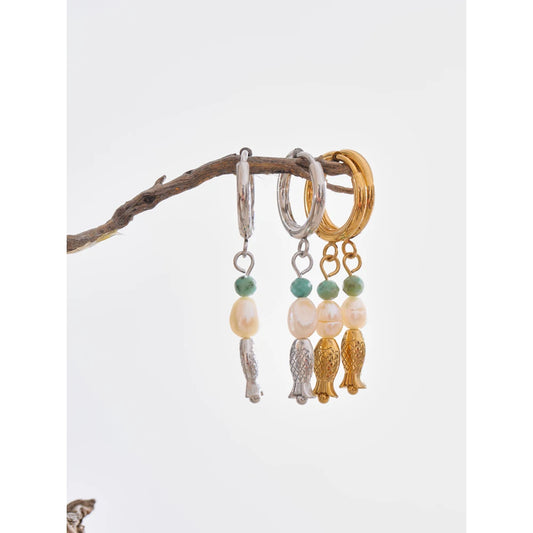 Yhpup High Quality Natural Stone Pearl Fish Dangle Earrings 16K PVD Plated Stainless Steel Ocean Style Charm Jewelry Waterproof