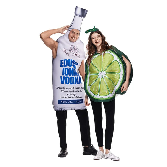 Couples Vodka Bottle & Lime Slice Costume – 2-Piece Funny Adult Halloween Set