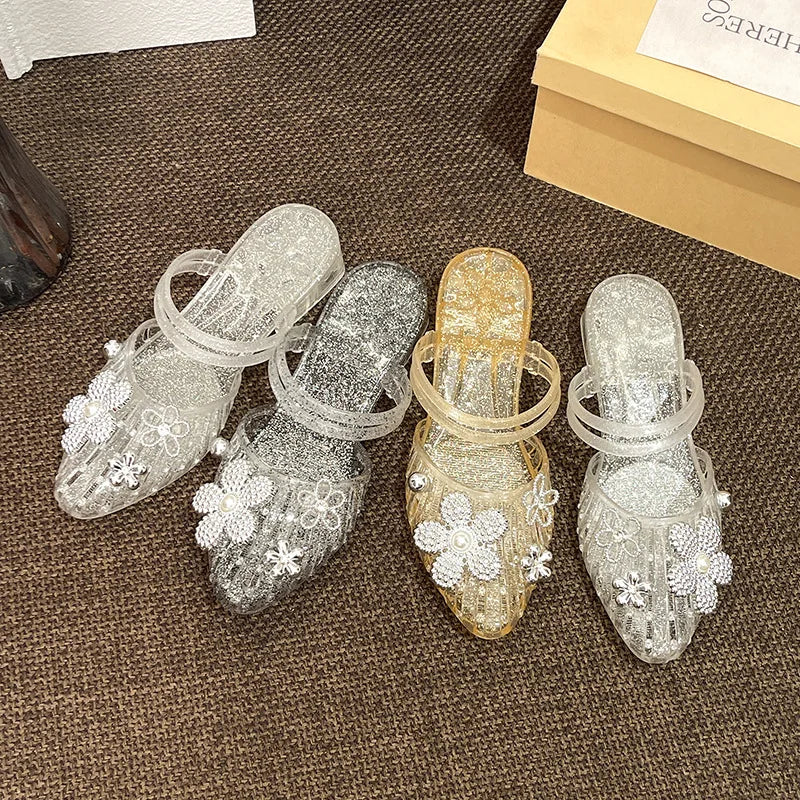 Luxury Rhinestore Flower Pvc Gladiator Sandals Women Summer 2026 Korean Style Crystal Jelly Shoes Lady Thick Heel Mules Slippers
