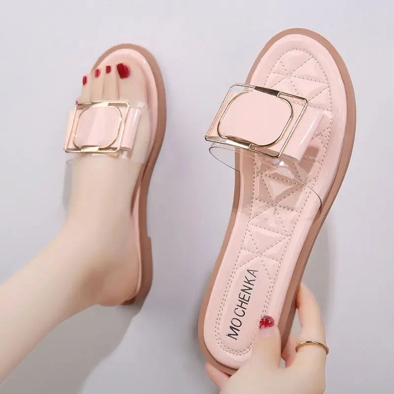 Slides Sandals Flat Home Open Toe on Word Outside Woman Slippers Shoes for Women Indoor House Footwear Easy Wears Waterproof Pvc