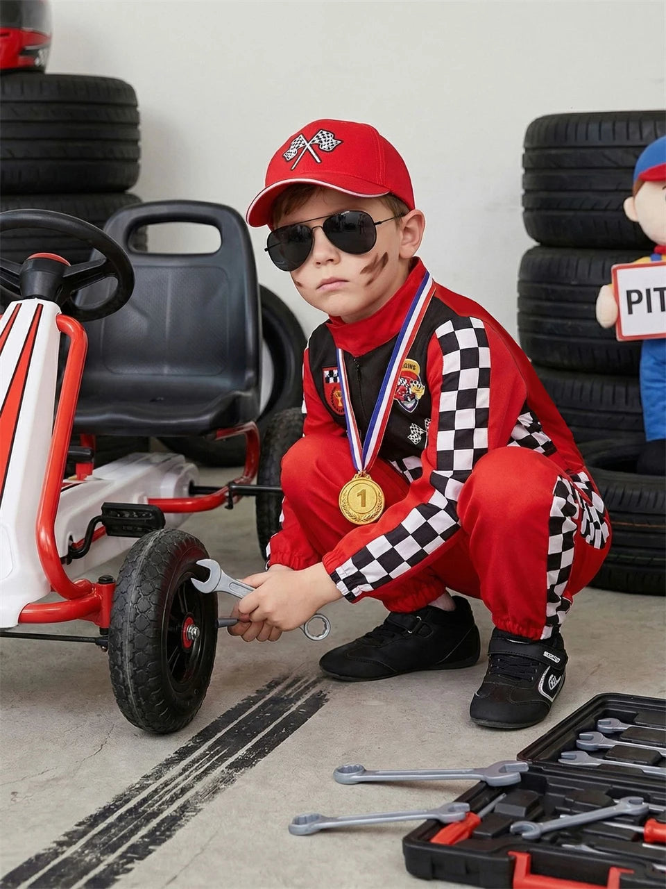 Kids Race Car Driver Costume – Checkered Jumpsuit with Cap, Sunglasses & Medal, Ages 3–10