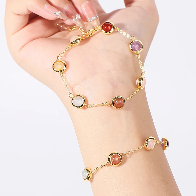 JD Natural Stone Colorful Crystal Lucky Bead Chain Bracelets Women Fashion Simple Adjustable Stainless Steel Healing Jewelry