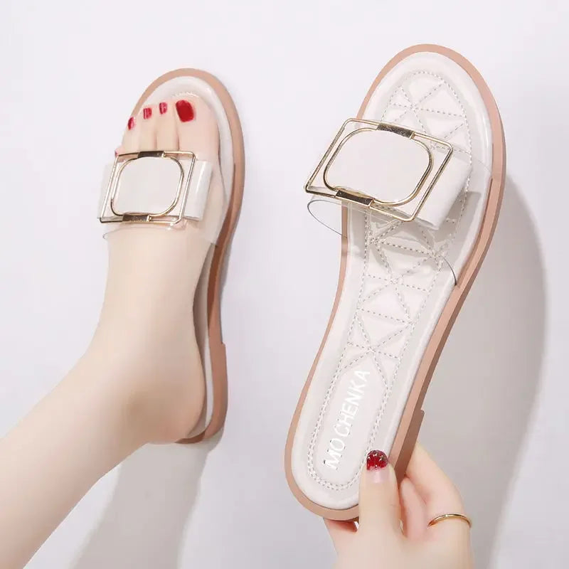 Slides Sandals Flat Home Open Toe on Word Outside Woman Slippers Shoes for Women Indoor House Footwear Easy Wears Waterproof Pvc