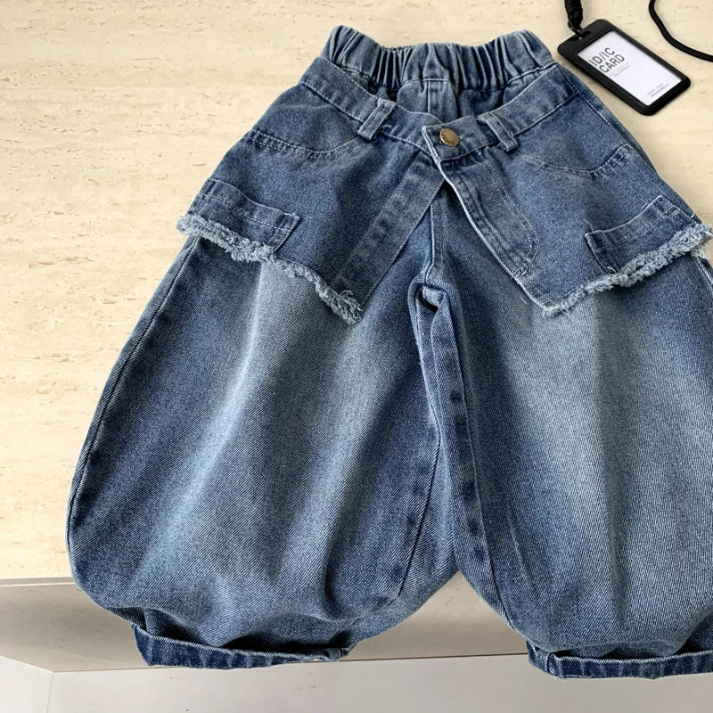 Boys Pants 2026 Spring and Summer New Childrens Clothes Korean Style Boys and Girls Fake Two Design Sense Casual Jeans