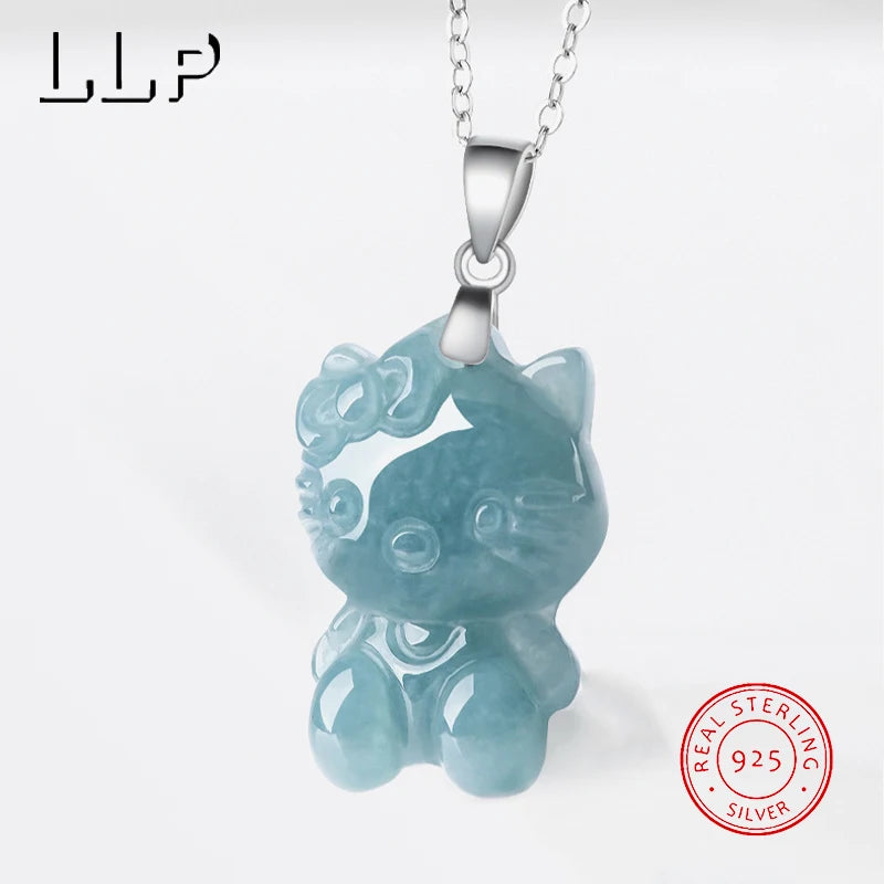 Natural Blue Water Jade Kitty Cat Pendant S925 Silver Clasp Hand Carved Cute Girl Accessory Birthday Gift