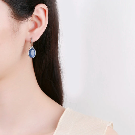 Simple Style Large Oval Natural Kyanite S925 Silver Hoop Earrings Gems Elegant Pendant Luxury Jewelry Anniversary Gift