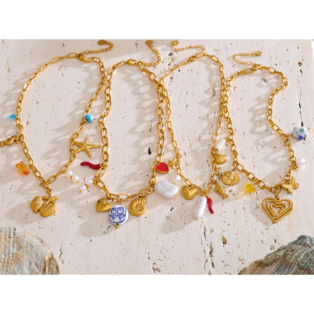 Yhpup Ocean Style Stainless Steel Pearl Shell Starfish Flower Chilli Drop Charm Necklace Golden Plated Handmade Holiday Jewelry