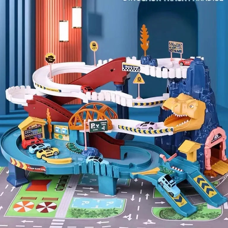 Electric Rail Car Dinosaur Building Parking Lot Adventure Racing Rail Car Toys Children Brain Mechanical Interactive Rail Cars