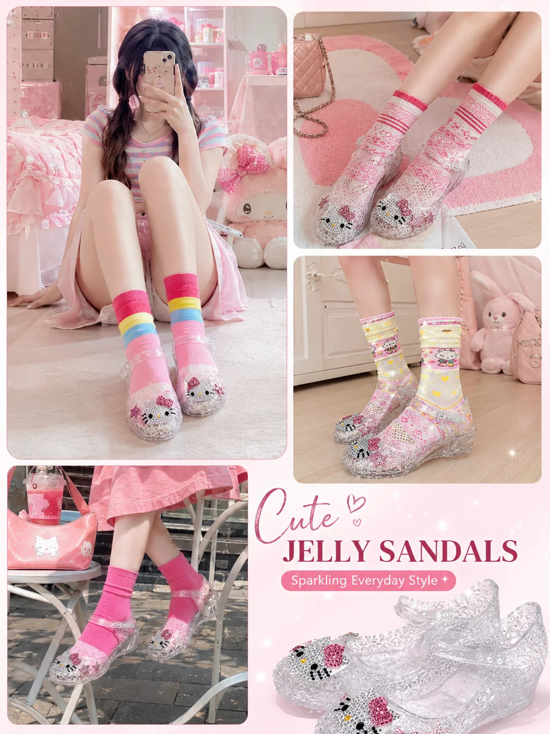 Sanrio Hello Kitty Hello Kitty Summer Rhinestone Crystal Wedge  Jelly Sandals Transparent Cute Star Accent Sparkly Retro Shoes