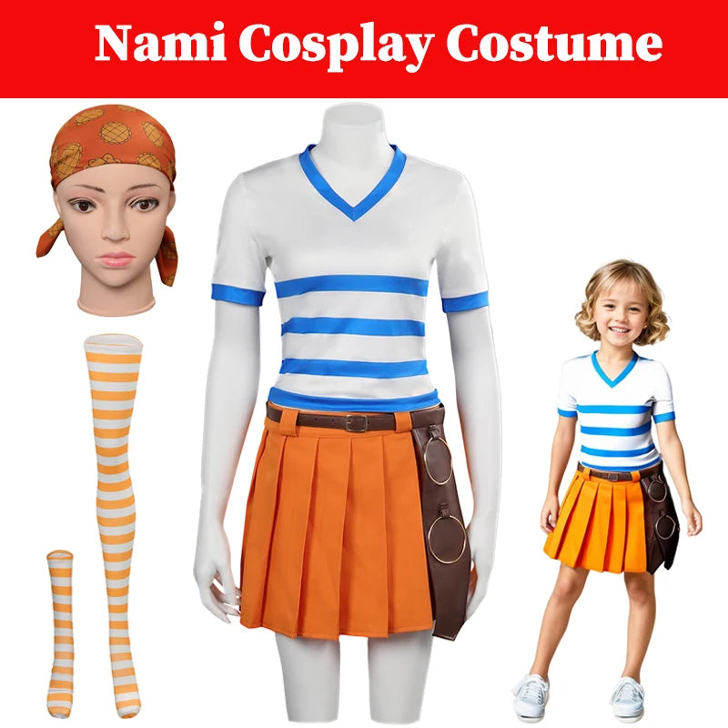 Nami Cosplay Adult Kids Costume Anime Live Action TV Pirate Roleplay Outfits Women Tops Skirt Socking Headscarf  Halloween Suit