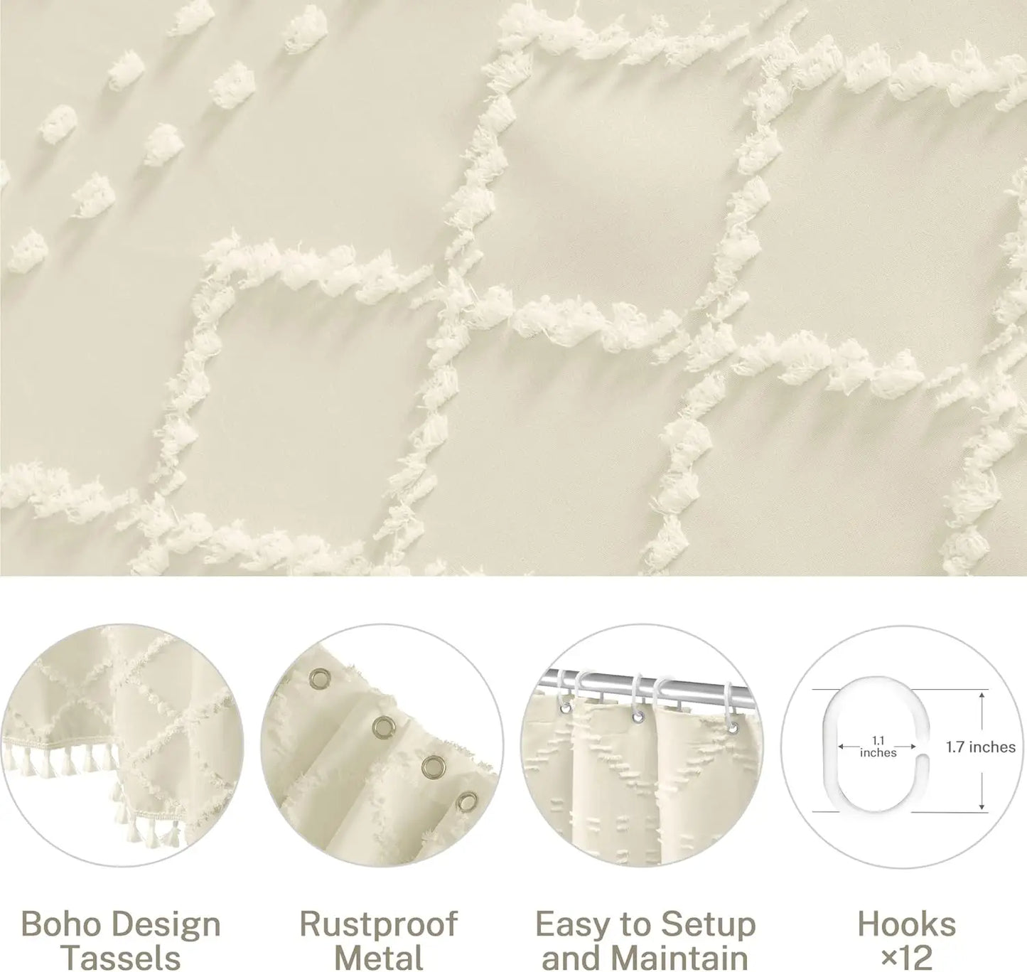 Soft Diamond-Patterned Shower Curtain - Waterproof  Fabric with Boho Tassels,12 Plastic Hooks Included for Modern Bathroom