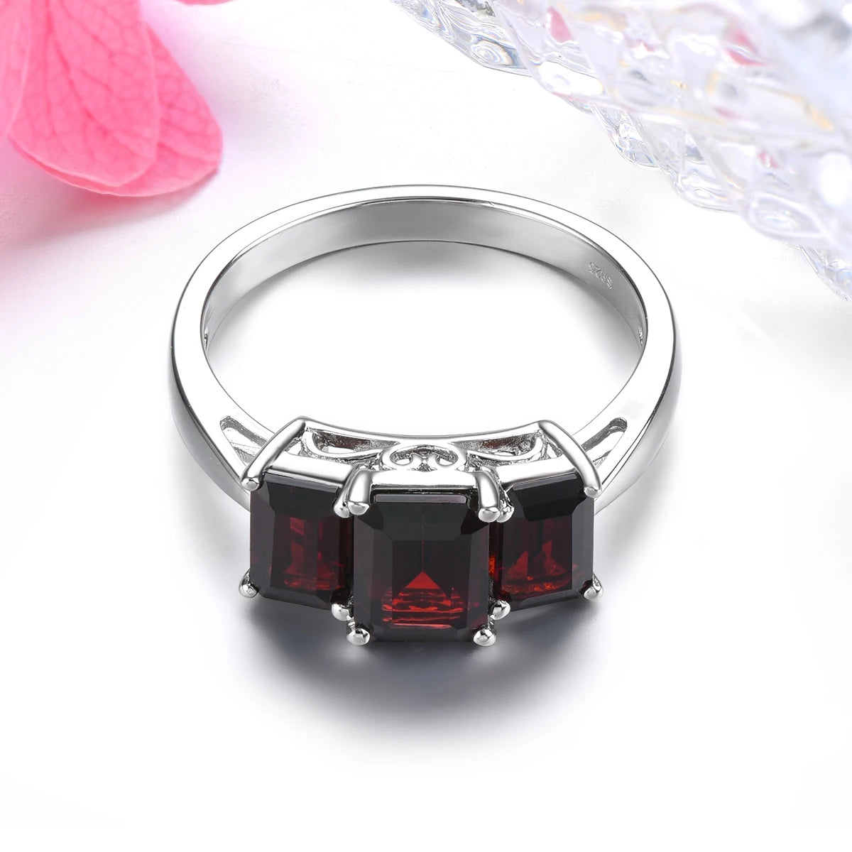 Natural Red Garnet Solid Silver S925 Ring 2.5 Carats Genuine Gemstone Classic Fine Jewelry Style Rhodium Plated Daily Decoration