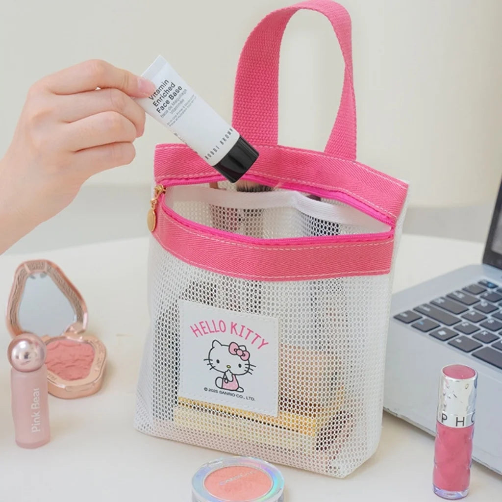 Sanrio Hello Kitty Mesh Bag Portable Tote Bag with Zipper Cute Cartoon Handbag for Women Kids Daily Use