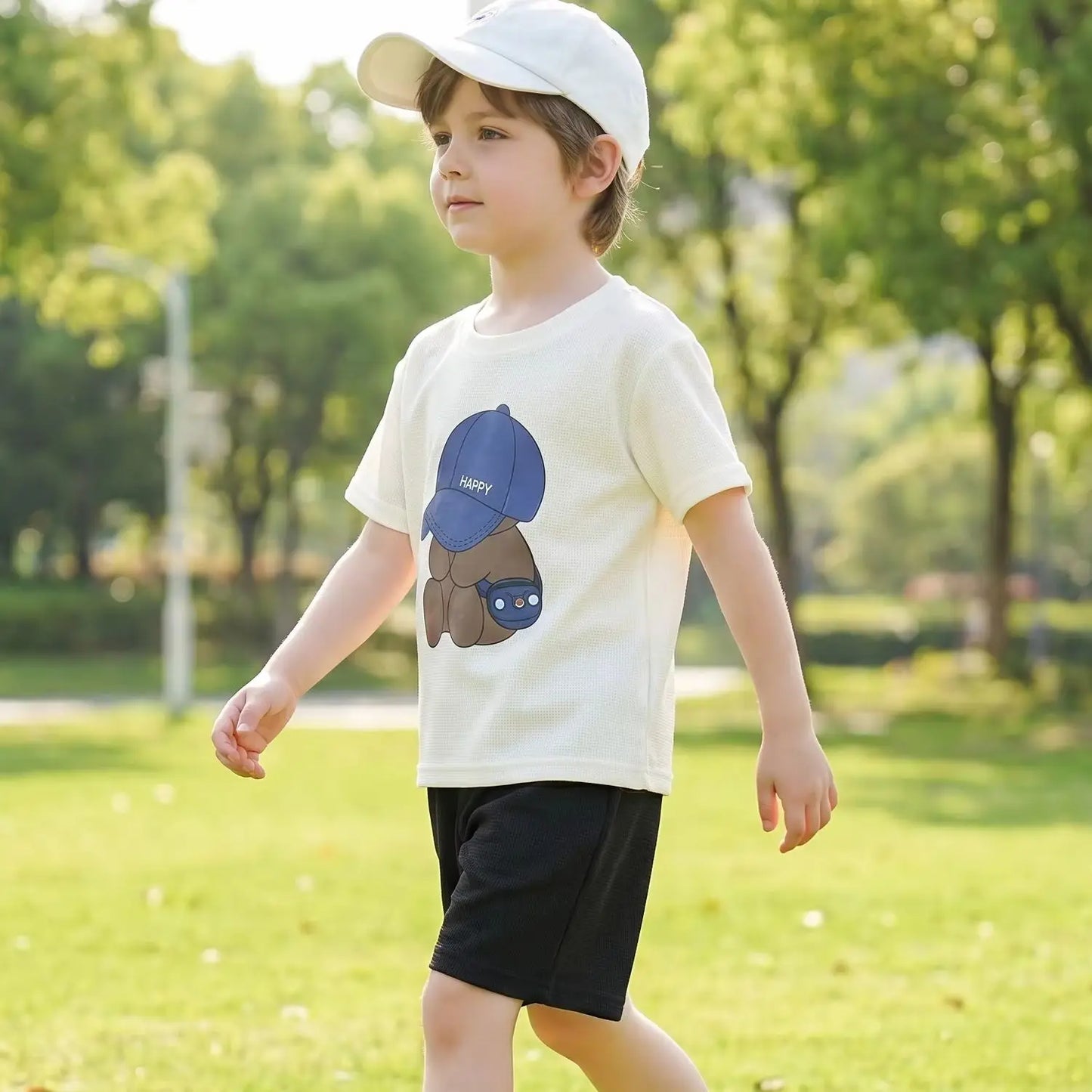 2026 Summer Kids Thin Outfit Girls Boys Cute Bear Print T-Shirt+Solid Color Shorts 2Pcs Clothing Loose Soft Children Set
