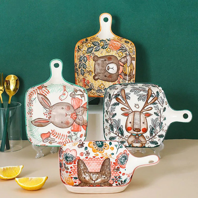 YWDL Ceramic Bakeware With Handle Forest Animals Baking Pan  Underglaze  Kitchen Tableware Salad Bowl Au Gratin Dishes